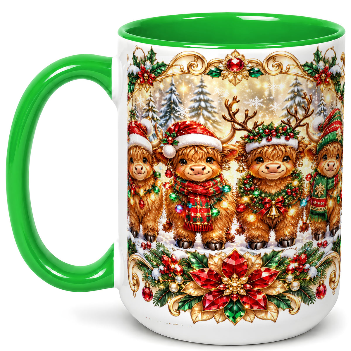 #pl[15oz|Green] Four Highland Cows Coffee Mug, Christmas Cow Mug, Ceramic Cup