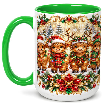 #pl[15oz|Green] Four Highland Cows Coffee Mug, Christmas Cow Mug, Ceramic Cup