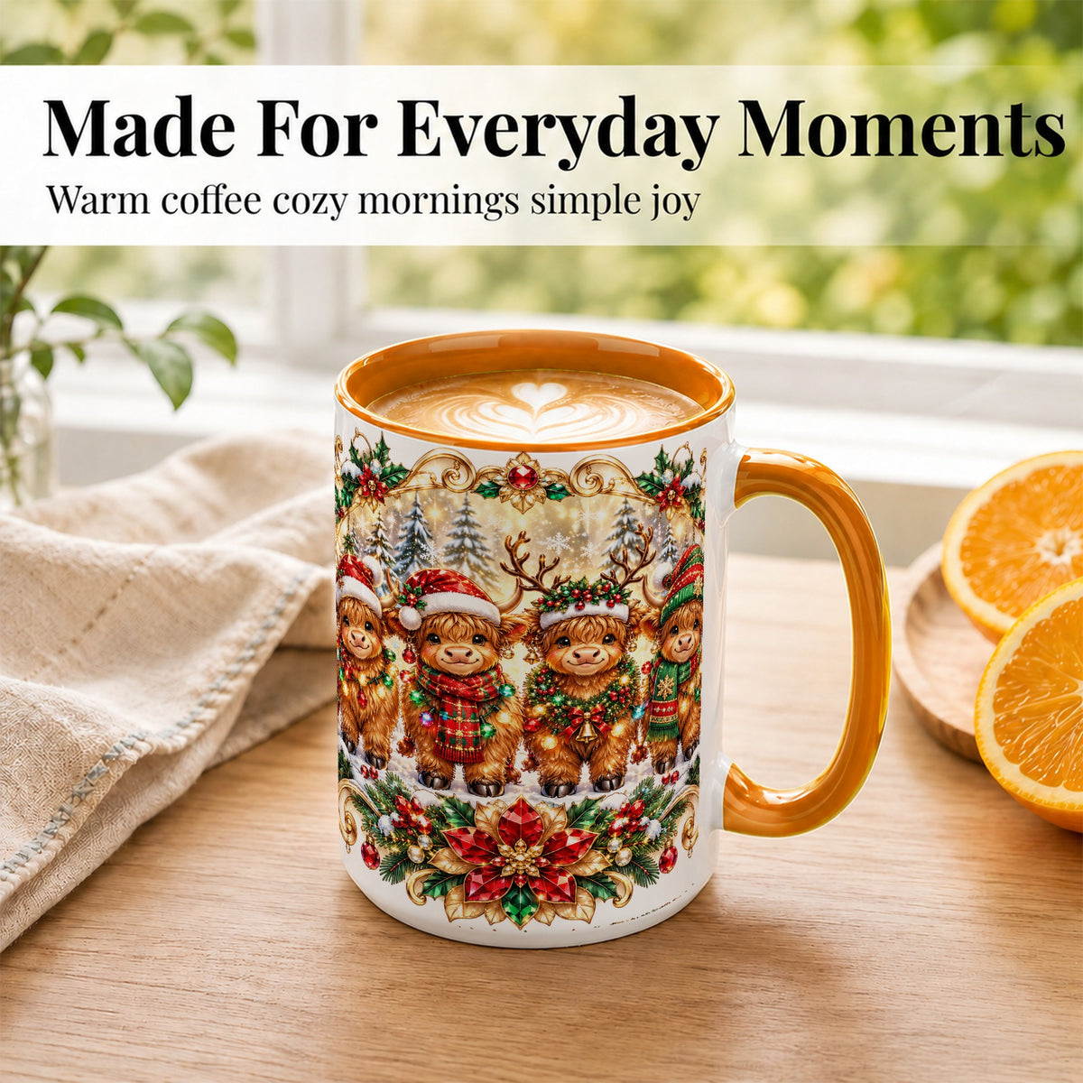 #pl[15oz|Orange] Four Highland Cows Coffee Mug, Christmas Cow Mug, Ceramic Cup