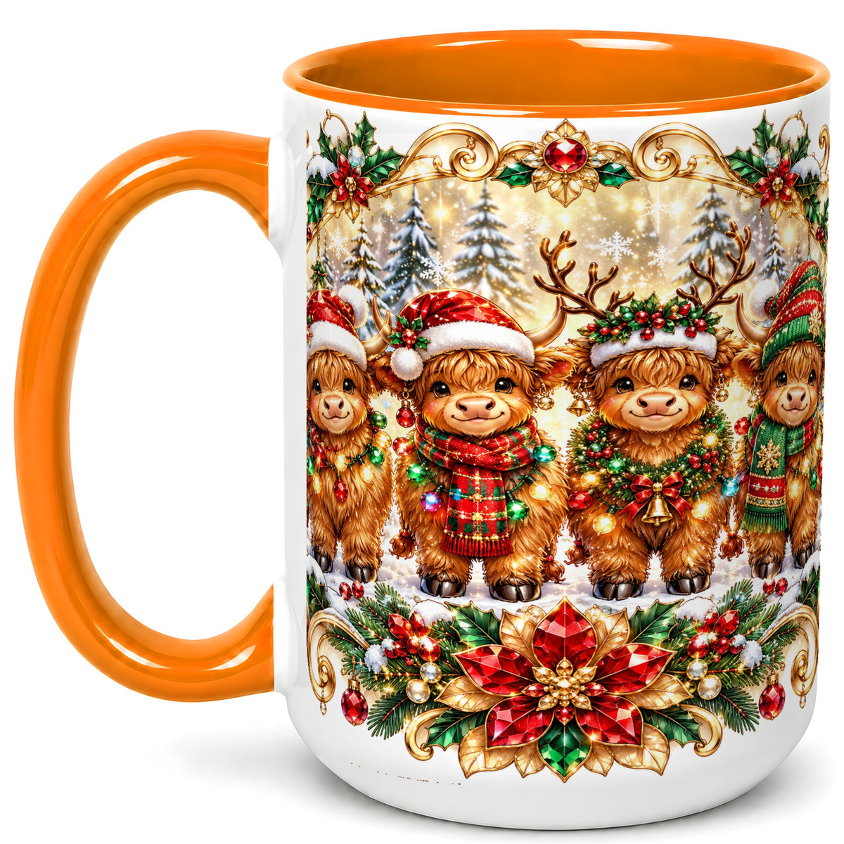 #pl[15oz|Orange] Four Highland Cows Coffee Mug, Christmas Cow Mug, Ceramic Cup
