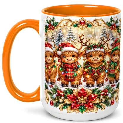 #pl[15oz|Orange] Four Highland Cows Coffee Mug, Christmas Cow Mug, Ceramic Cup