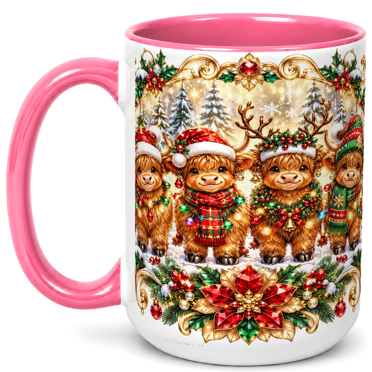 #pl[15oz|Pink] Four Highland Cows Coffee Mug, Christmas Cow Mug, Ceramic Cup