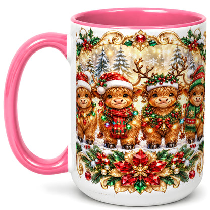 #pl[15oz|Pink] Four Highland Cows Coffee Mug, Christmas Cow Mug, Ceramic Cup
