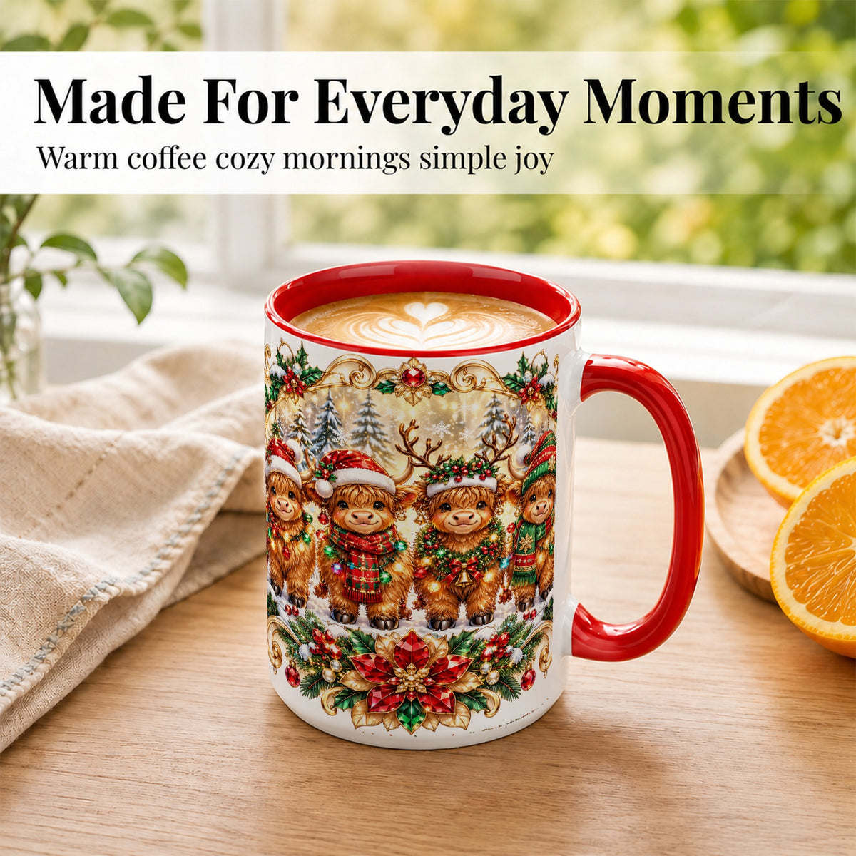 #pl[15oz|Red] Four Highland Cows Coffee Mug, Christmas Cow Mug, Ceramic Cup