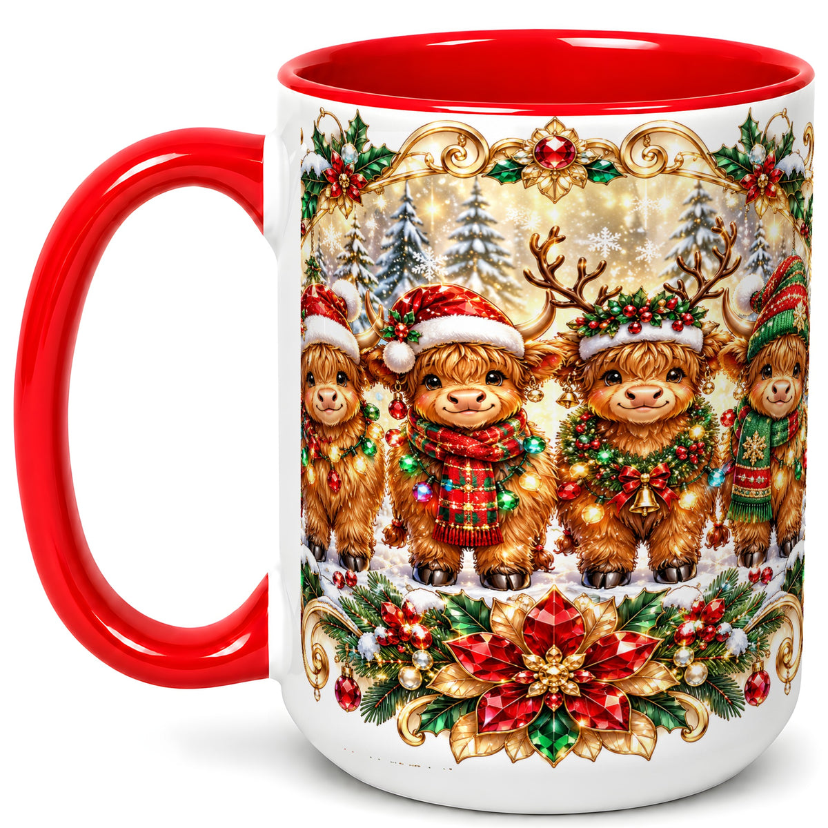 #pl[15oz|Red] Four Highland Cows Coffee Mug, Christmas Cow Mug, Ceramic Cup
