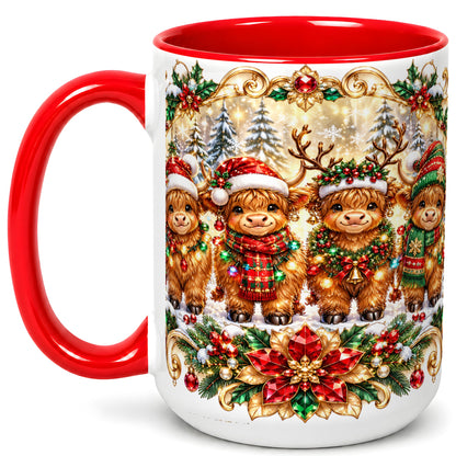 #pl[15oz|Red] Four Highland Cows Coffee Mug, Christmas Cow Mug, Ceramic Cup
