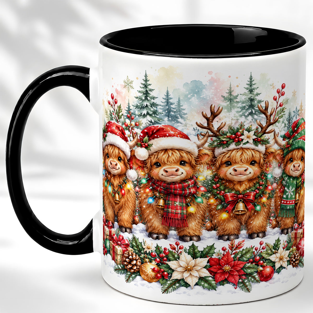 #pl[11oz|Black] Watercolor Highland Cows Coffee Mug, Christmas Cow Mug, Ceramic Cup