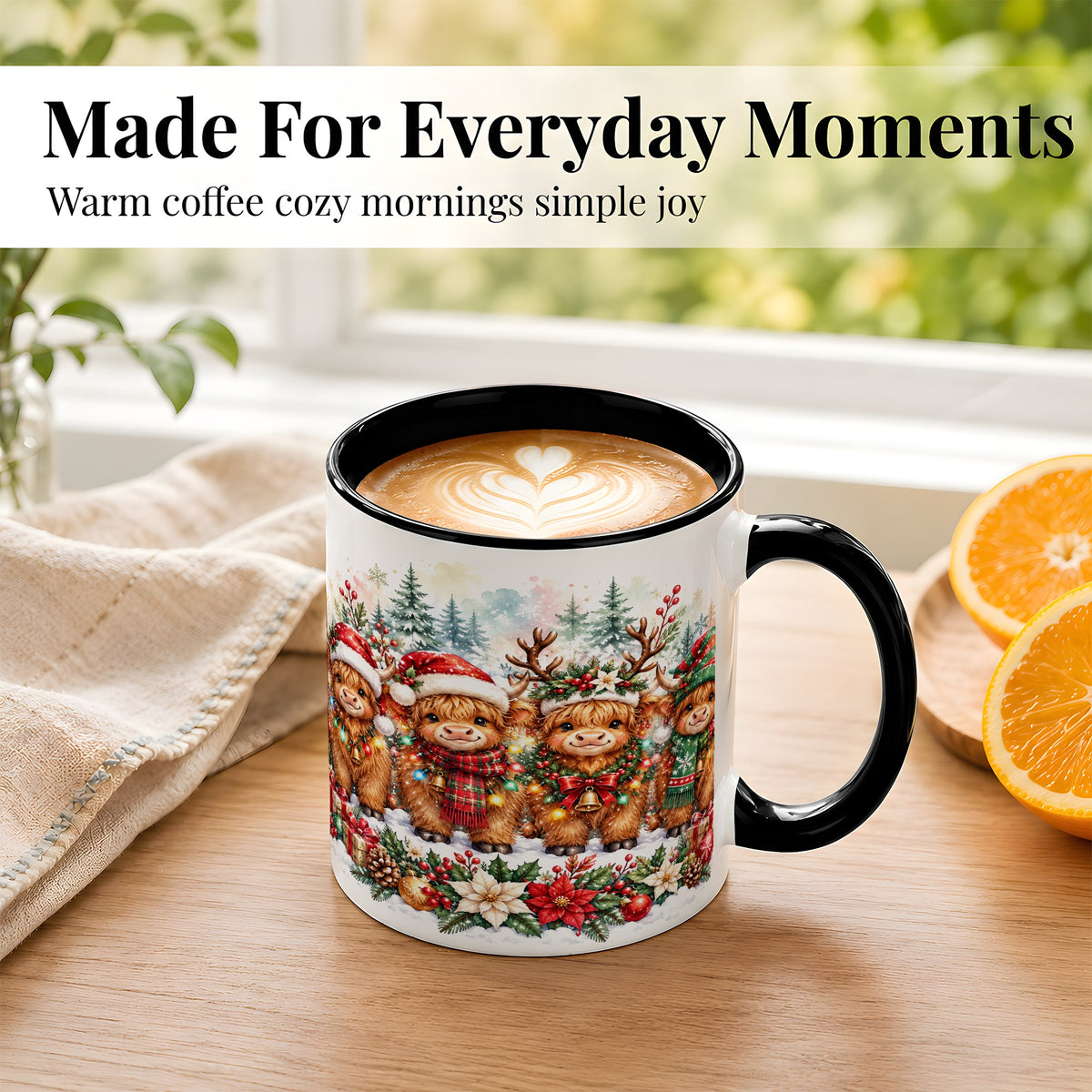 #pl[11oz|Black] Watercolor Highland Cows Coffee Mug, Christmas Cow Mug, Ceramic Cup