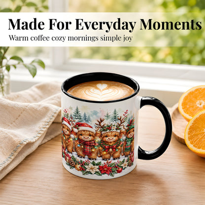 #pl[11oz|Black] Watercolor Highland Cows Coffee Mug, Christmas Cow Mug, Ceramic Cup