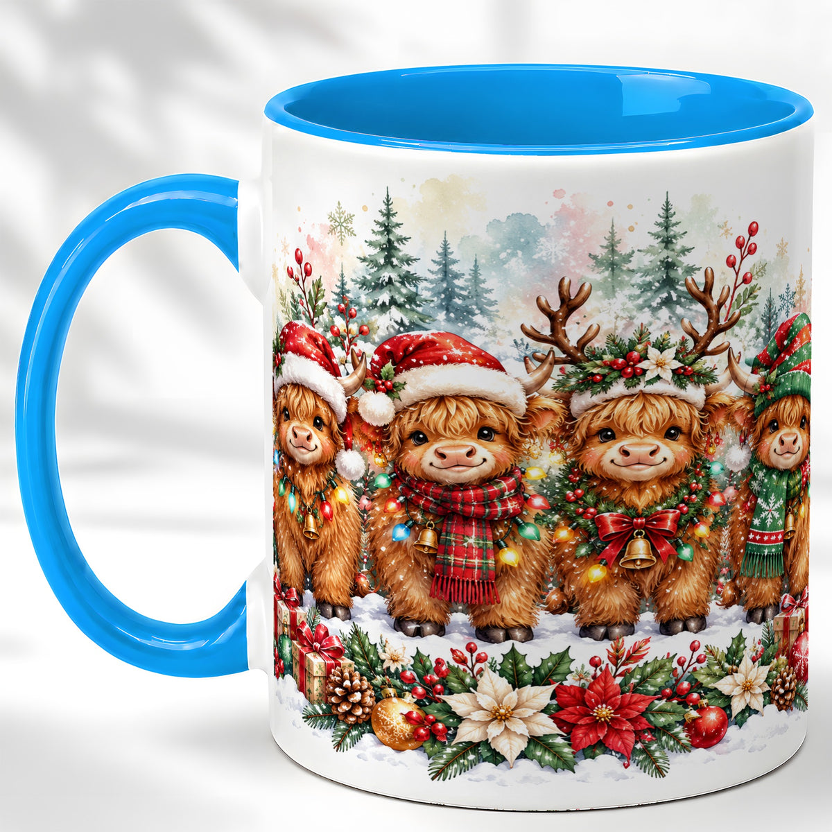 #pl[11oz|Blue] Watercolor Highland Cows Coffee Mug, Christmas Cow Mug, Ceramic Cup