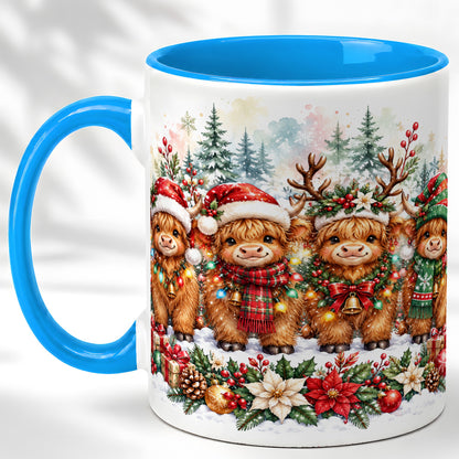 #pl[11oz|Blue] Watercolor Highland Cows Coffee Mug, Christmas Cow Mug, Ceramic Cup