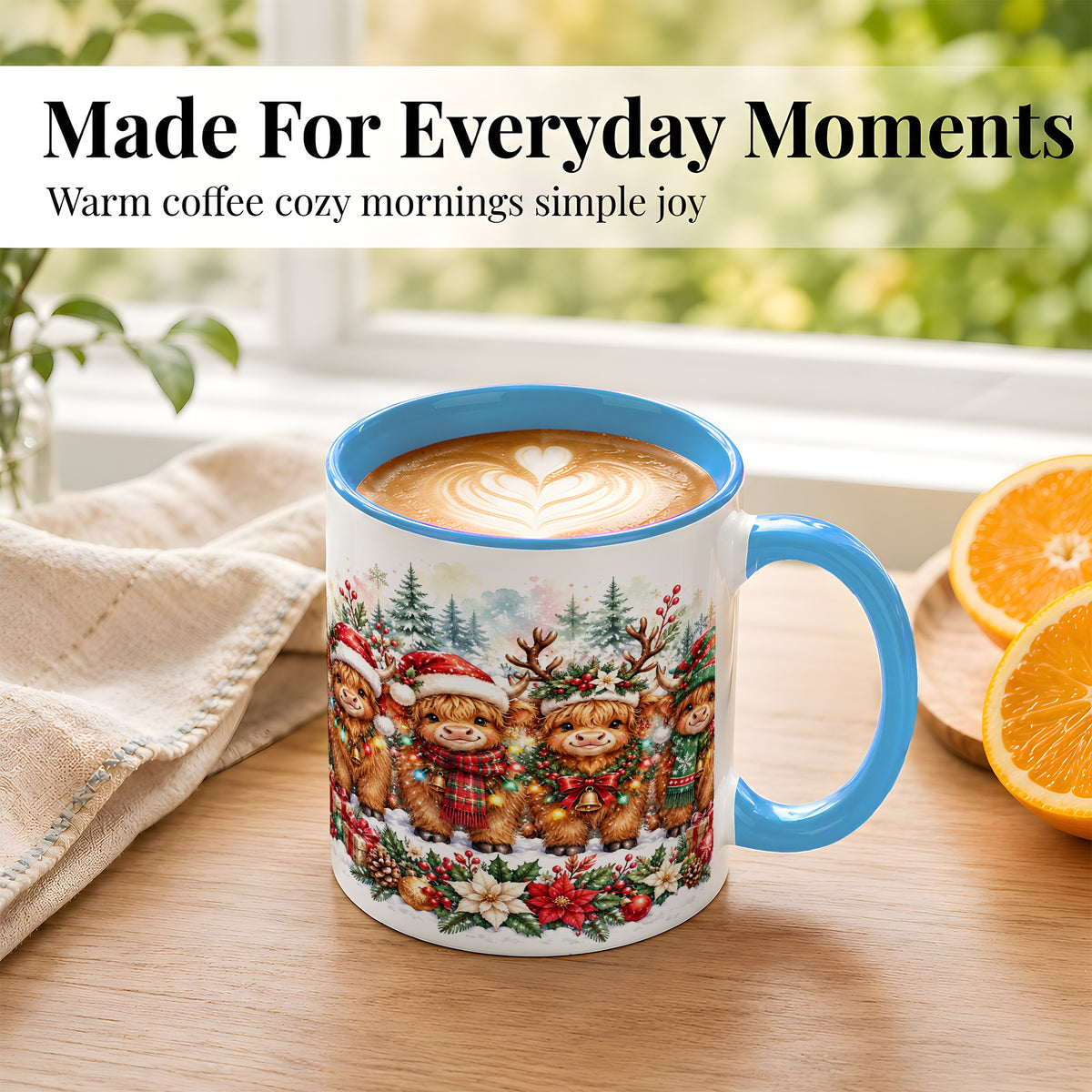 #pl[11oz|Blue] Watercolor Highland Cows Coffee Mug, Christmas Cow Mug, Ceramic Cup