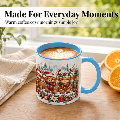 #pl[11oz|Blue] Watercolor Highland Cows Coffee Mug, Christmas Cow Mug, Ceramic Cup