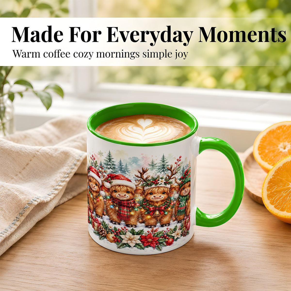 #pl[11oz|Green] Watercolor Highland Cows Coffee Mug, Christmas Cow Mug, Ceramic Cup