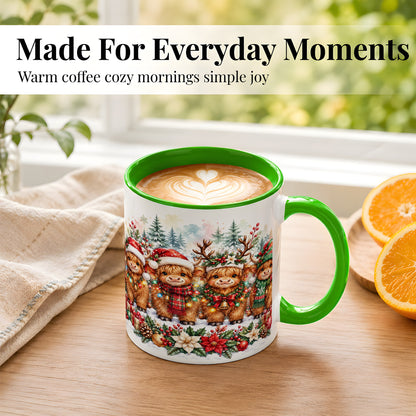 #pl[11oz|Green] Watercolor Highland Cows Coffee Mug, Christmas Cow Mug, Ceramic Cup
