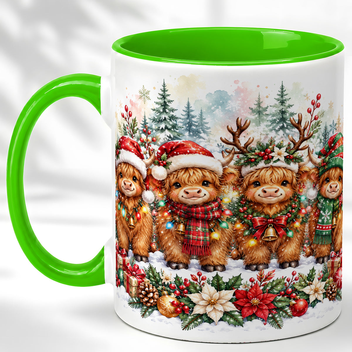 #pl[11oz|Green] Watercolor Highland Cows Coffee Mug, Christmas Cow Mug, Ceramic Cup