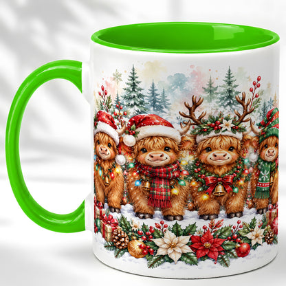 #pl[11oz|Green] Watercolor Highland Cows Coffee Mug, Christmas Cow Mug, Ceramic Cup