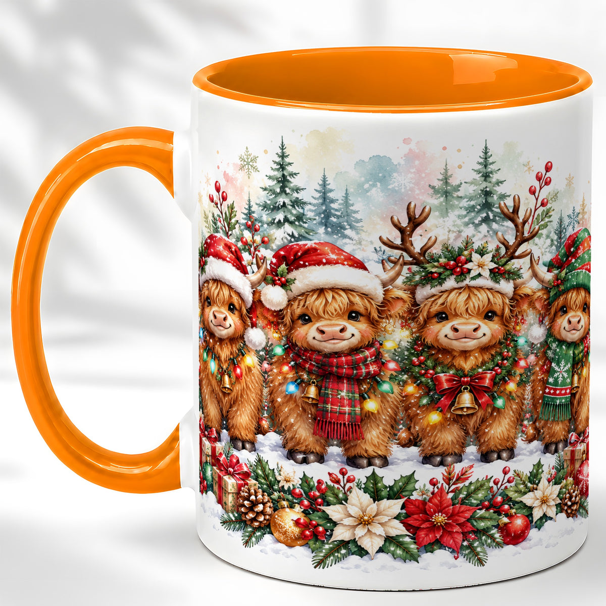 #pl[11oz|Orange] Watercolor Highland Cows Coffee Mug, Christmas Cow Mug, Ceramic Cup