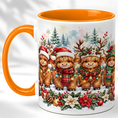 #pl[11oz|Orange] Watercolor Highland Cows Coffee Mug, Christmas Cow Mug, Ceramic Cup