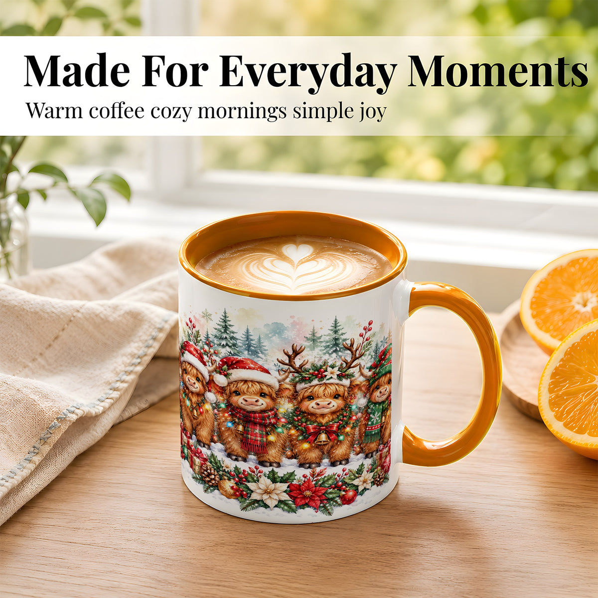 #pl[11oz|Orange] Watercolor Highland Cows Coffee Mug, Christmas Cow Mug, Ceramic Cup