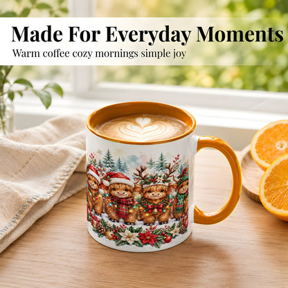 #pl[11oz|Orange] Watercolor Highland Cows Coffee Mug, Christmas Cow Mug, Ceramic Cup