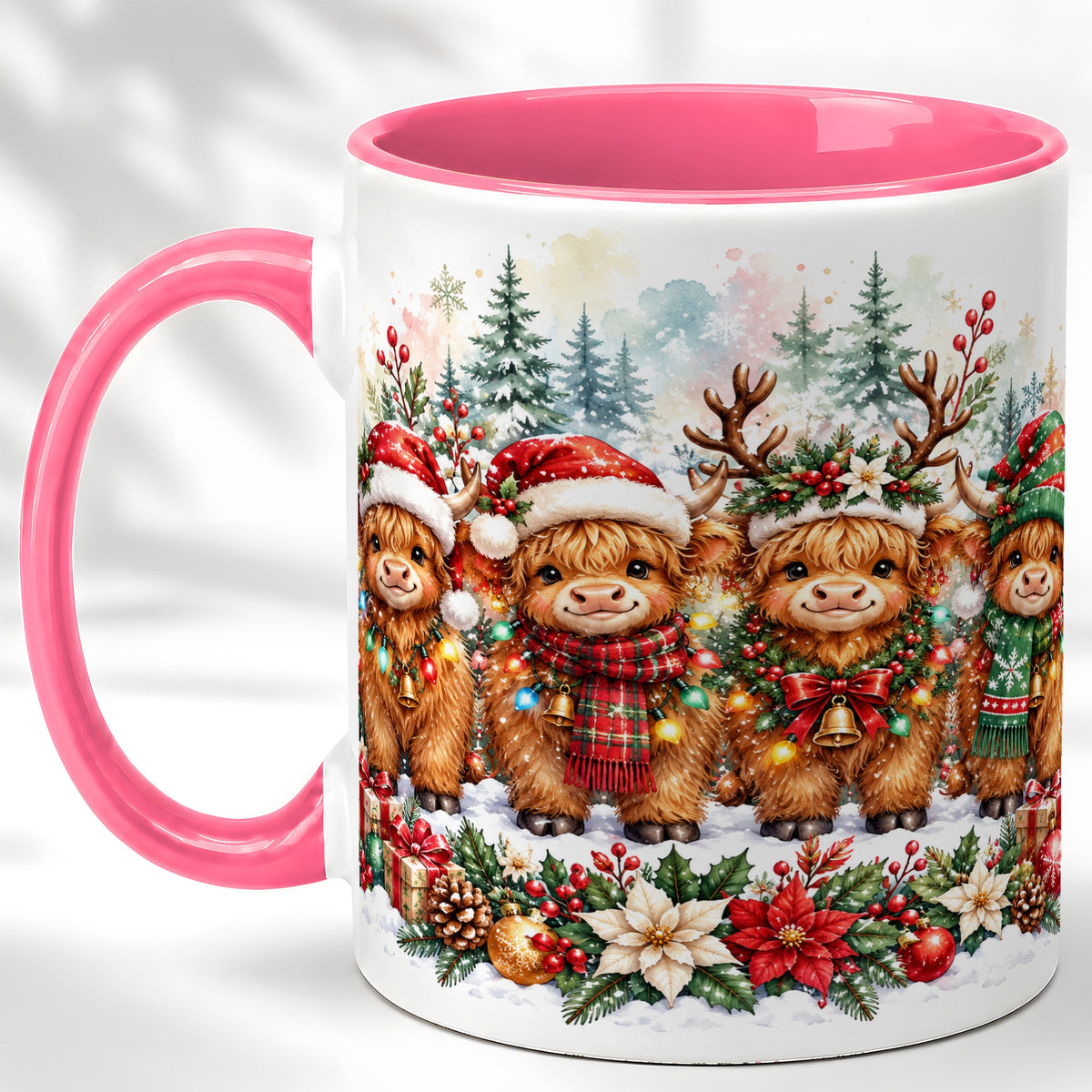 #pl[11oz|Pink] Watercolor Highland Cows Coffee Mug, Christmas Cow Mug, Ceramic Cup
