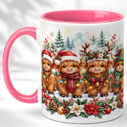 #pl[11oz|Pink] Watercolor Highland Cows Coffee Mug, Christmas Cow Mug, Ceramic Cup