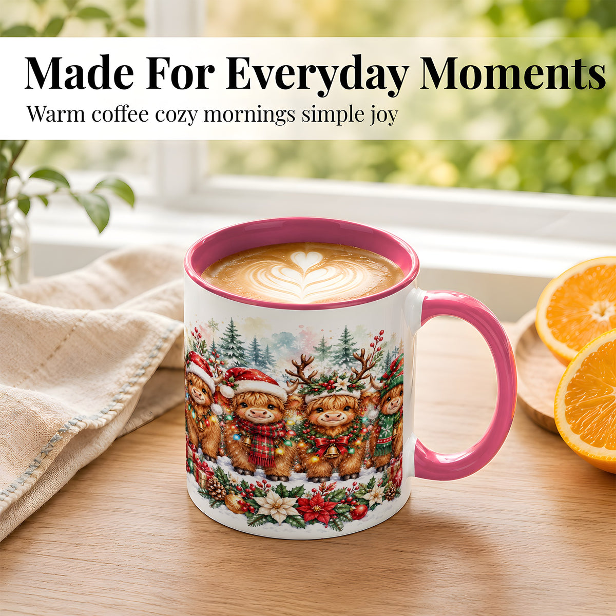 #pl[11oz|Pink] Watercolor Highland Cows Coffee Mug, Christmas Cow Mug, Ceramic Cup