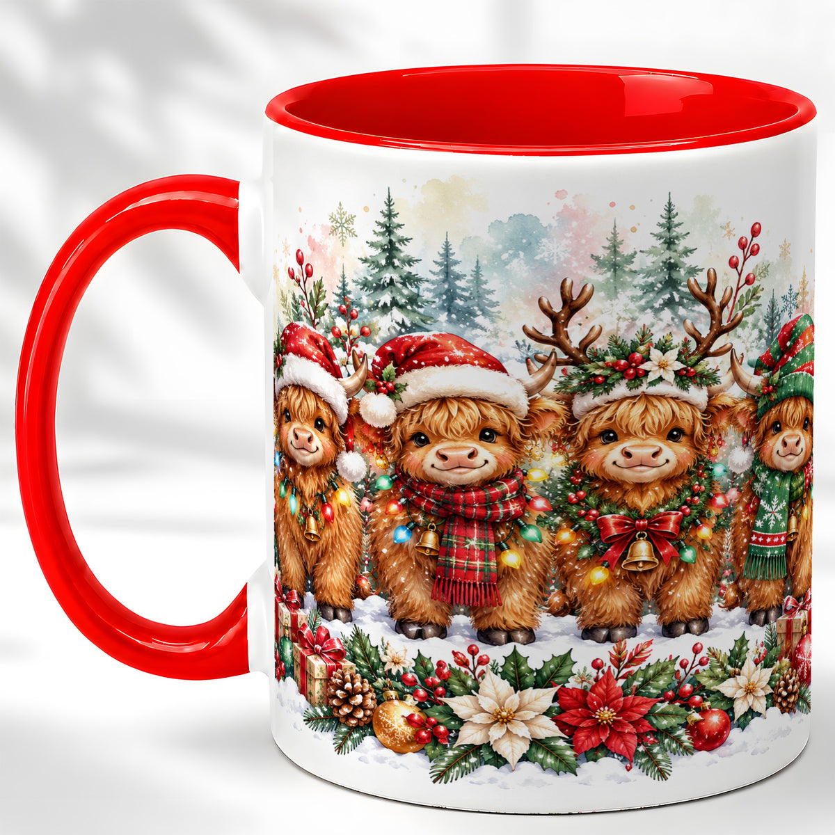 Watercolor Highland Cows Coffee Mug, Christmas Cow Mug, Ceramic Cup