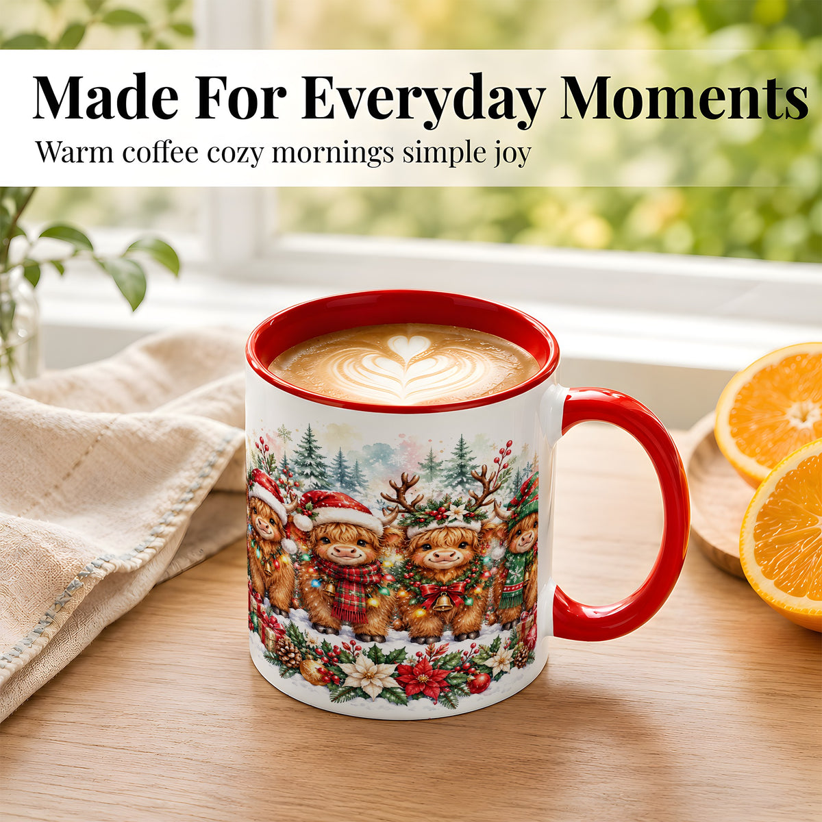 #pl[11oz|Red] Watercolor Highland Cows Coffee Mug, Christmas Cow Mug, Ceramic Cup
