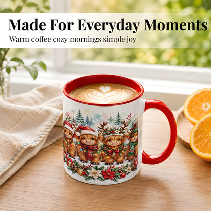 #pl[11oz|Red] Watercolor Highland Cows Coffee Mug, Christmas Cow Mug, Ceramic Cup