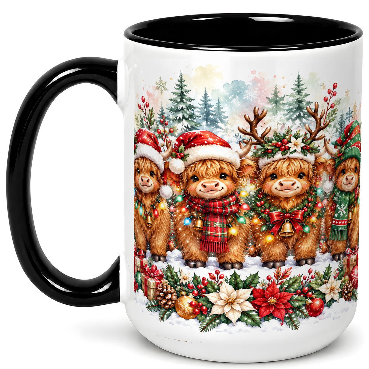 #pl[15oz|Black] Watercolor Highland Cows Coffee Mug, Christmas Cow Mug, Ceramic Cup