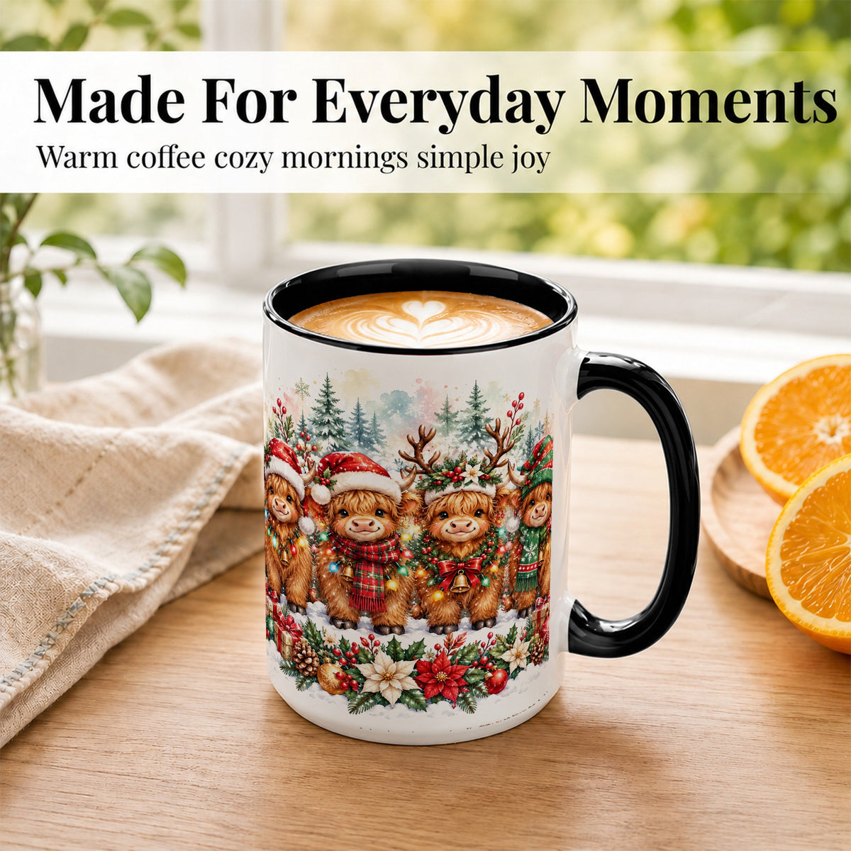 #pl[15oz|Black] Watercolor Highland Cows Coffee Mug, Christmas Cow Mug, Ceramic Cup