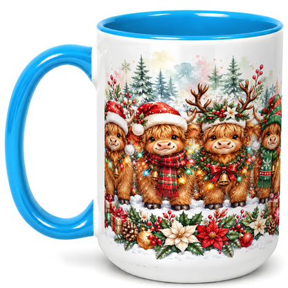 #pl[15oz|Blue] Watercolor Highland Cows Coffee Mug, Christmas Cow Mug, Ceramic Cup