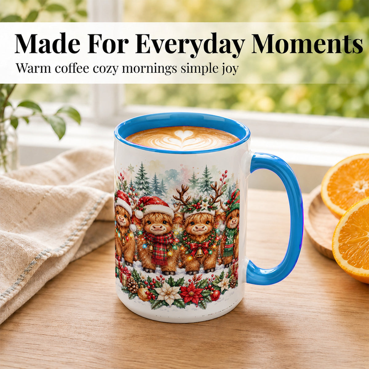 #pl[15oz|Blue] Watercolor Highland Cows Coffee Mug, Christmas Cow Mug, Ceramic Cup