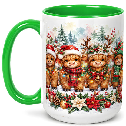 #pl[15oz|Green] Watercolor Highland Cows Coffee Mug, Christmas Cow Mug, Ceramic Cup