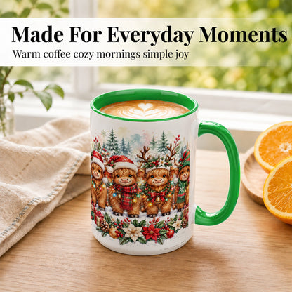 #pl[15oz|Green] Watercolor Highland Cows Coffee Mug, Christmas Cow Mug, Ceramic Cup