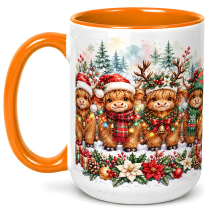 #pl[15oz|Orange] Watercolor Highland Cows Coffee Mug, Christmas Cow Mug, Ceramic Cup