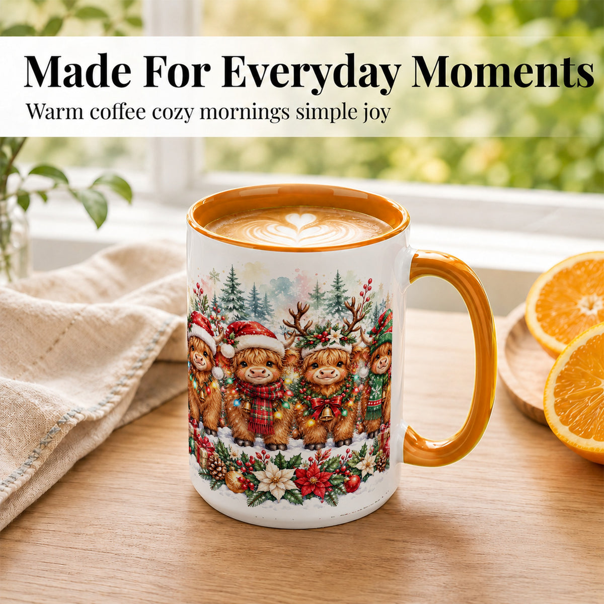 #pl[15oz|Orange] Watercolor Highland Cows Coffee Mug, Christmas Cow Mug, Ceramic Cup