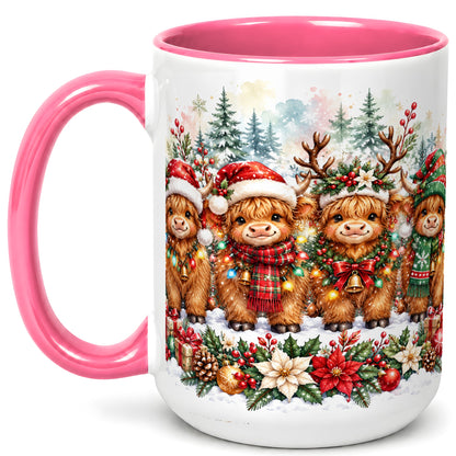 #pl[15oz|Pink] Watercolor Highland Cows Coffee Mug, Christmas Cow Mug, Ceramic Cup