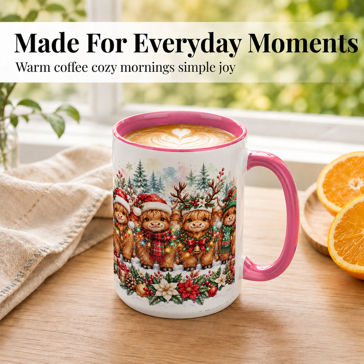 #pl[15oz|Pink] Watercolor Highland Cows Coffee Mug, Christmas Cow Mug, Ceramic Cup