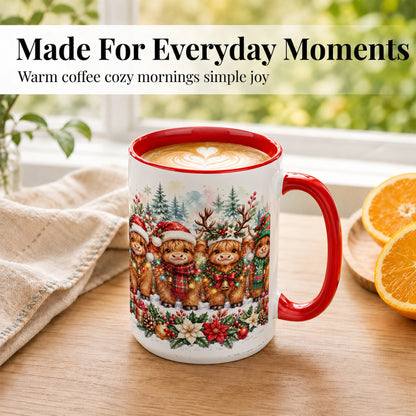#pl[15oz|Red] Watercolor Highland Cows Coffee Mug, Christmas Cow Mug, Ceramic Cup