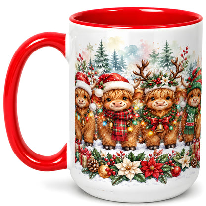 #pl[15oz|Red] Watercolor Highland Cows Coffee Mug, Christmas Cow Mug, Ceramic Cup