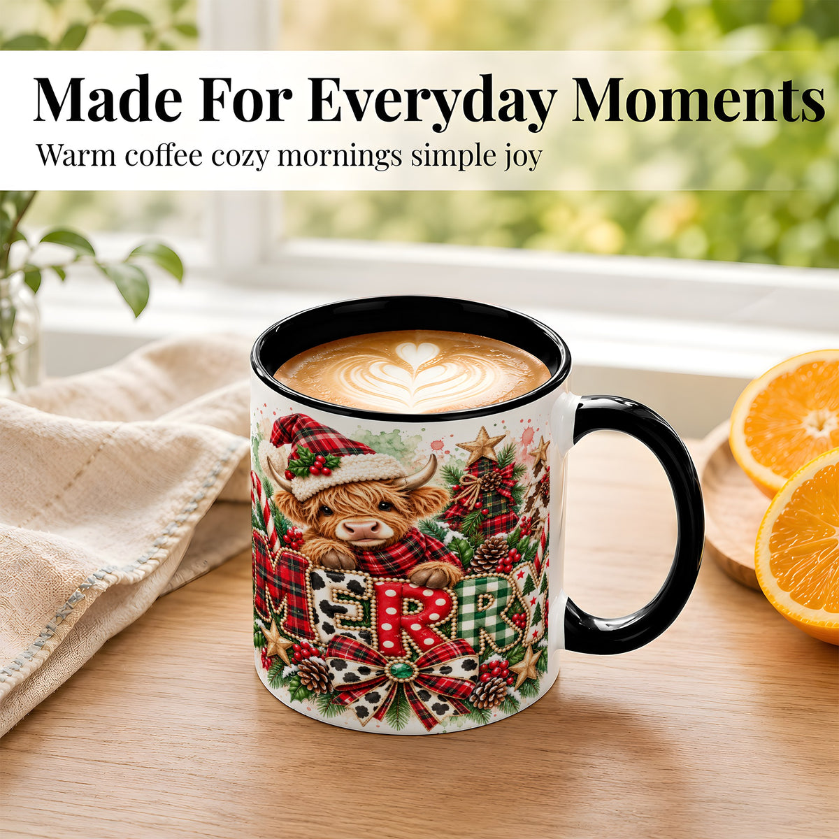 #pl[11oz|Black] Watercolor Highland Cow Christmas Coffee Mug, Festive Mug, Ceramic Cup