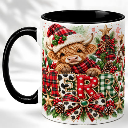 #pl[11oz|Black] Watercolor Highland Cow Christmas Coffee Mug, Festive Mug, Ceramic Cup