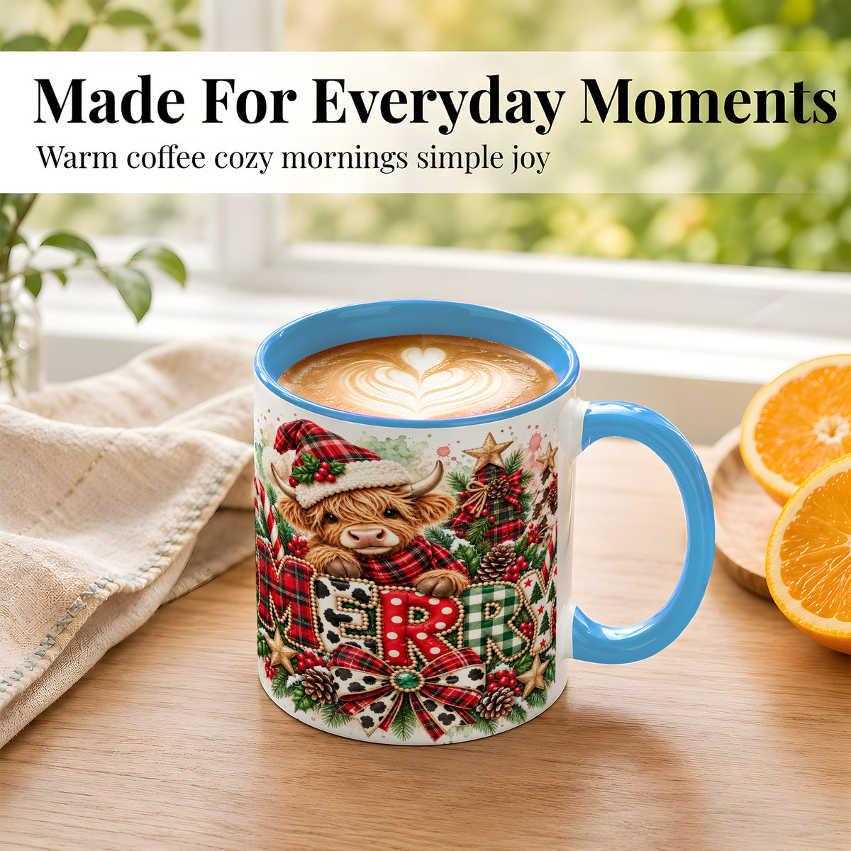 #pl[11oz|Blue] Watercolor Highland Cow Christmas Coffee Mug, Festive Mug, Ceramic Cup