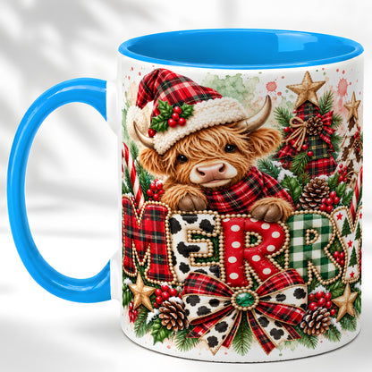 #pl[11oz|Blue] Watercolor Highland Cow Christmas Coffee Mug, Festive Mug, Ceramic Cup