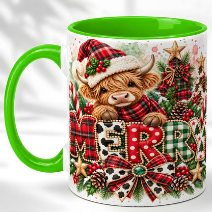 #pl[11oz|Green] Watercolor Highland Cow Christmas Coffee Mug, Festive Mug, Ceramic Cup