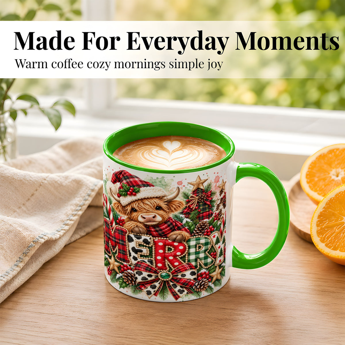 #pl[11oz|Green] Watercolor Highland Cow Christmas Coffee Mug, Festive Mug, Ceramic Cup