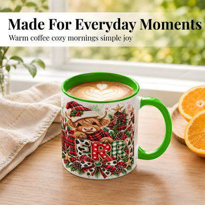 #pl[11oz|Green] Watercolor Highland Cow Christmas Coffee Mug, Festive Mug, Ceramic Cup